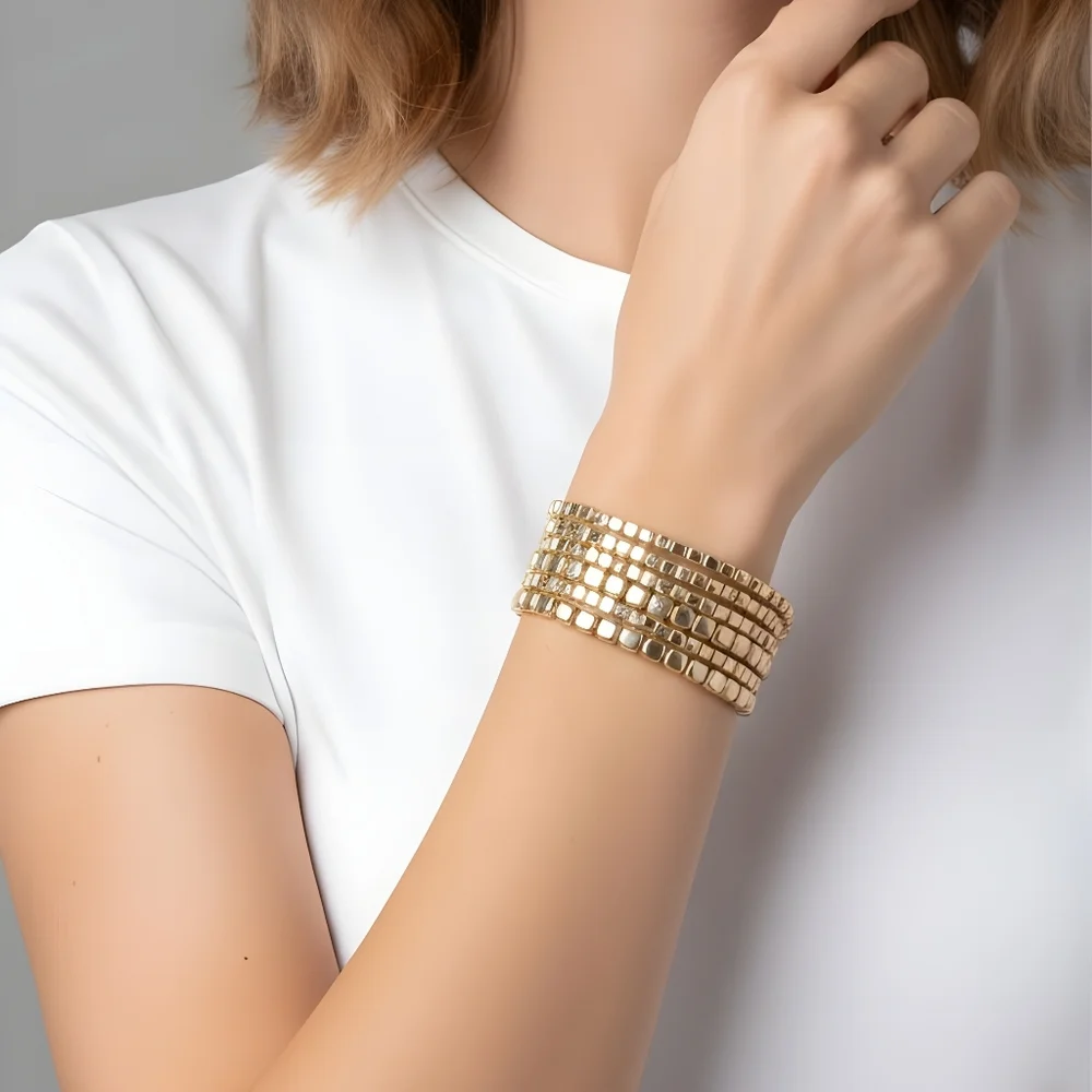Boho Beaded Gold Tone Multi Strand Fashion Bracelet Set Of 5
